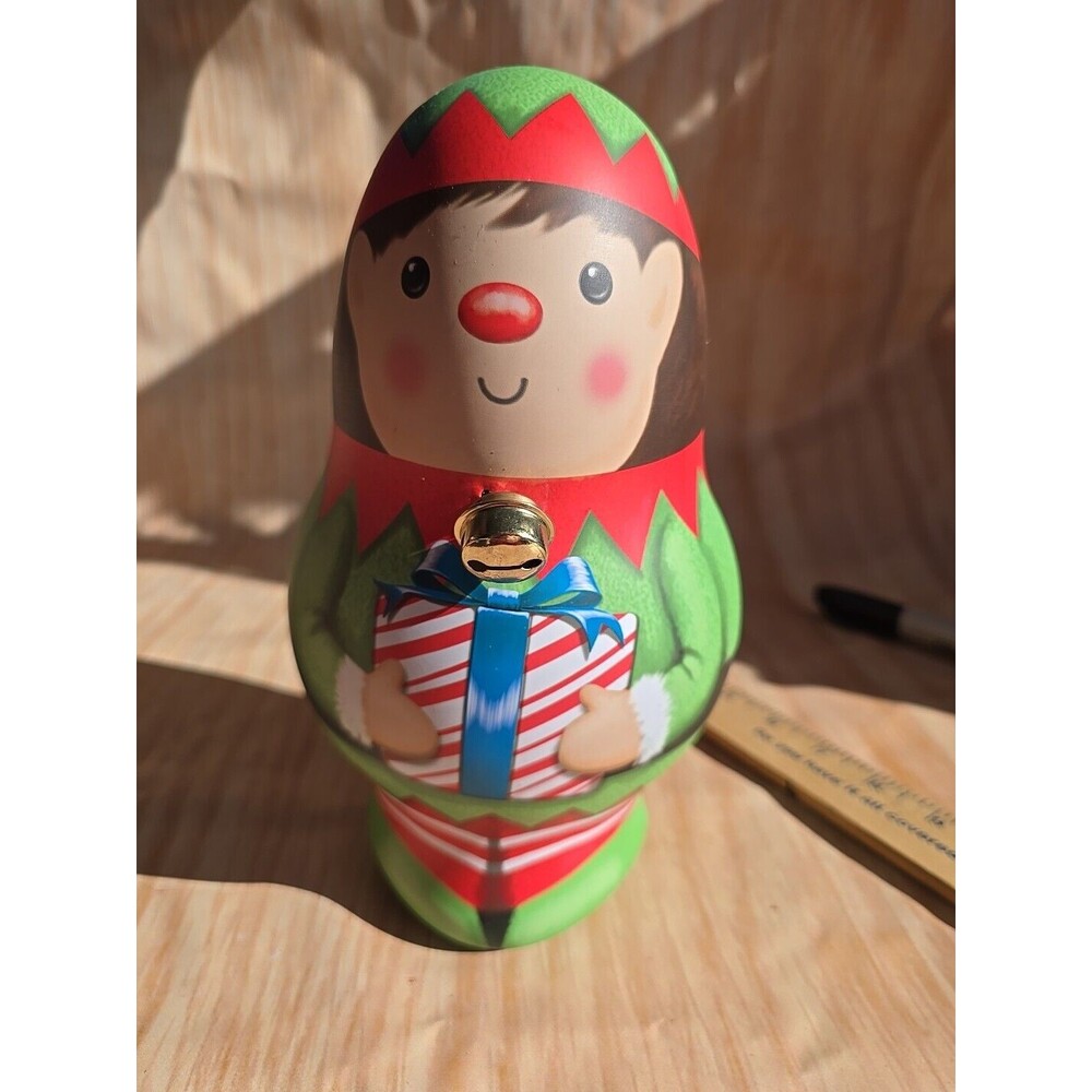Russell Stover Elf Shaped Bell Christmas Tin Gift Package Empty 9” Cookies Candy